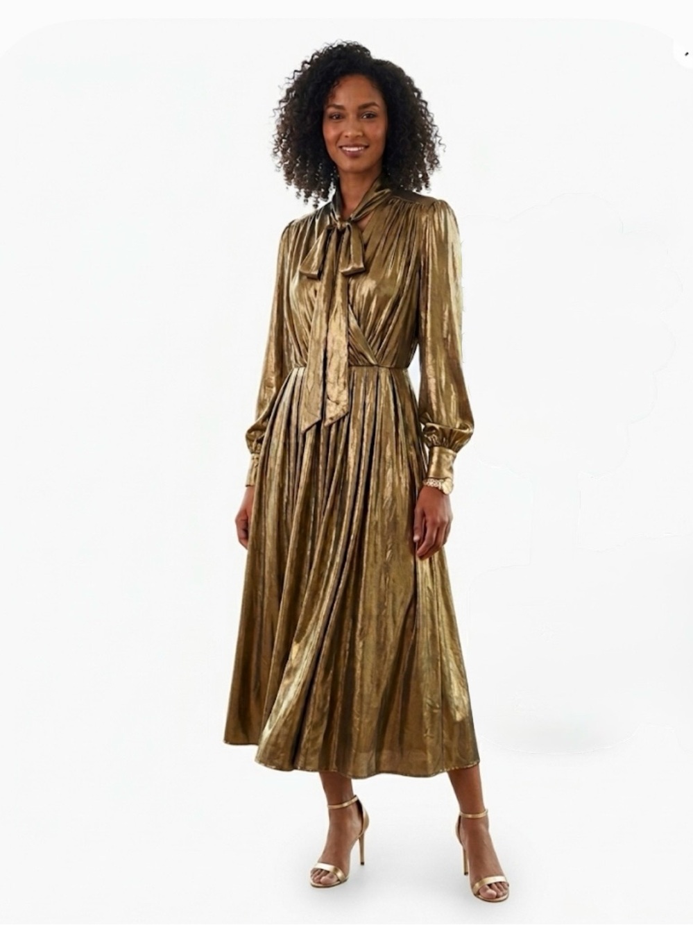 Ronny Kobo Anora Dress Glamorous Liquid Gold Lame Tie Neckline Pleated Midi